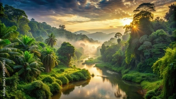 Fototapeta Lush green foliage surrounds a meandering river, with vines and trees towering above, in a misty, warm, and vibrant jungle scene at dawn.