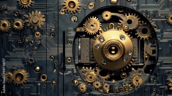 Obraz Technological Fusion: Hybrid Lock of Mechanical Gears and Digital Circuits
