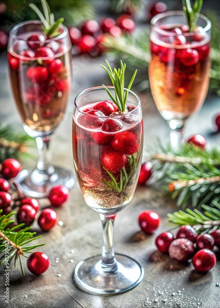 Fototapeta Wide-Angle View of Cranberry Champagne Cocktails on a Festive Table Surrounded by Holiday Decorations