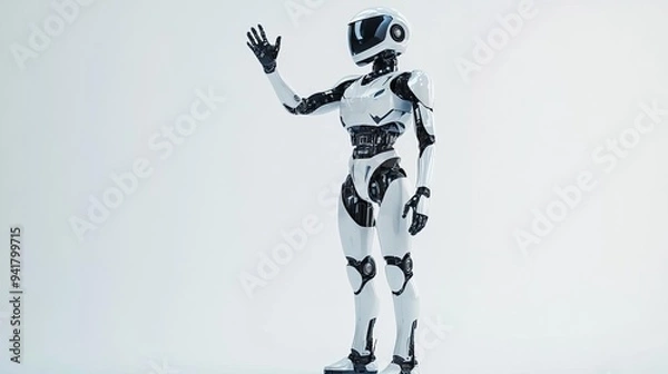 Fototapeta A full-body android robot standing with one hand on its hip, the other holding a futuristic tablet, isolated on a bright background