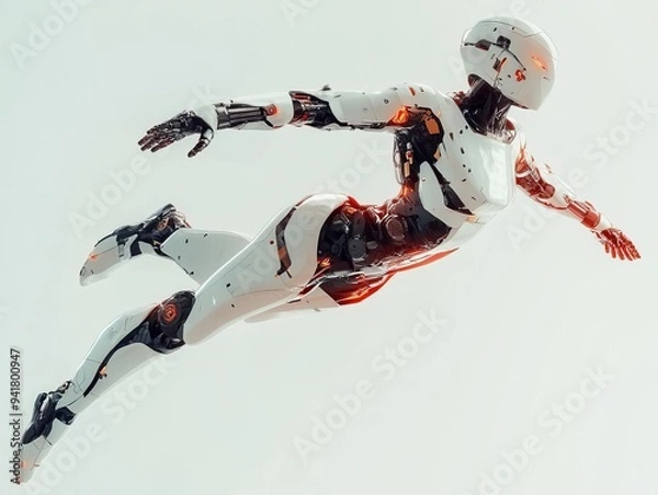 Fototapeta An android robot captured in a mid-air jump, legs tucked and arms raised high, isolated on a bright background