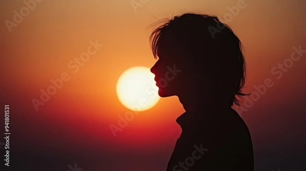 Fototapeta Close-up of a dramatic silhouette of a person standing against a setting sun, with warm orange and pink hues in the sky -