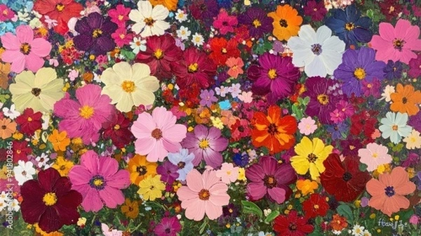 Fototapeta Close-up of a field of cosmos flowers in various colors, creating a lively and colorful floral scene