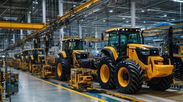 Fototapeta A factory with many yellow tractors on a conveyor belt. The tractors are being assembled and are in various stages of completion. Scene is one of productivity and efficiency
