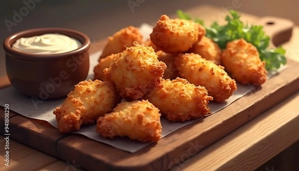 Fototapeta Closeup of crispy fried chicken bites with dipping sauce.	