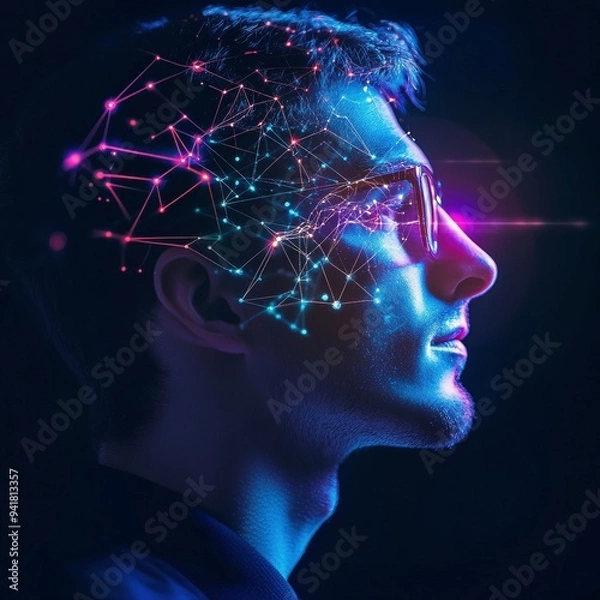 Obraz Concepto futurista de inteligencia artificial con conexiones neuronales brillantes sobre la cabeza de un hombre, destacando tecnología y redes digitales