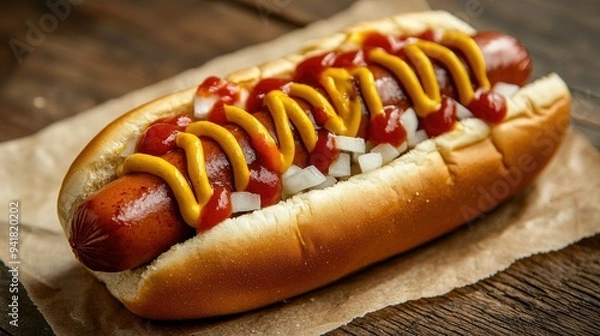 Fototapeta Close-up of a loaded hot dog with mustard, ketchup, and onions on a rustic background -