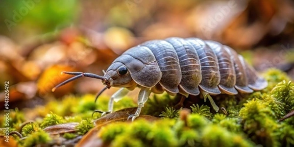 Fototapeta A small, armored, grayish-brown sowbug, also known as a woodlouse, crawls slowly across a damp, moss-covered stone in a forest's undergrowth, surrounded by decaying leaves.