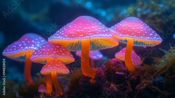Fototapeta A group of colorful mushrooms are growing on a rock