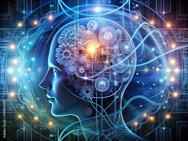 Fototapeta Neural Labyrinth: Intricate, cerebral, scientific, cold colors, technological elements