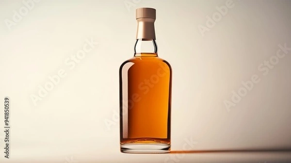 Fototapeta A stylish bottle filled with amber liquid, reflecting light elegantly, perfect for showcasing refined beverage choices.