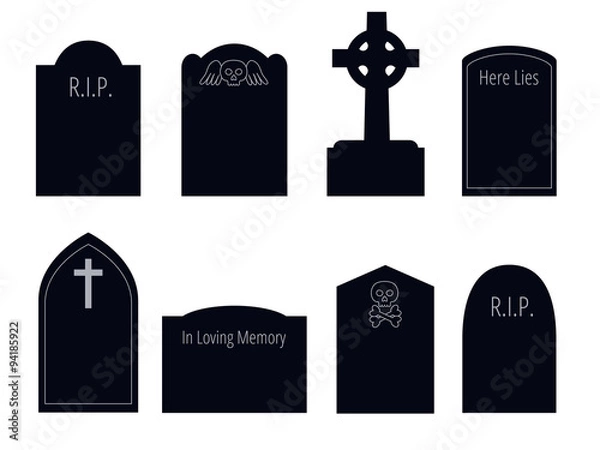 Fototapeta set of six vector silhouettes of gravestones of different shapes with ornament and text