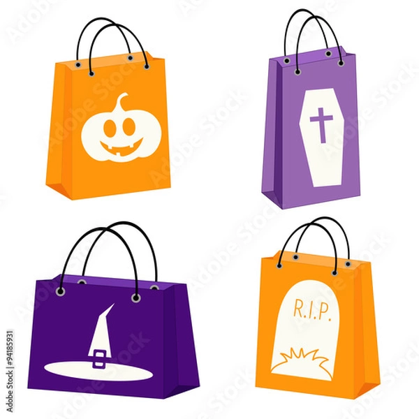 Fototapeta vector set of four Halloween paper bags with Halloween symbols