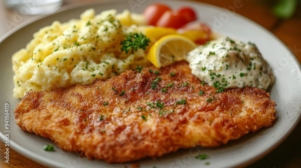 Obraz Austrian Wiener Schnitzel with breaded veal cutlet