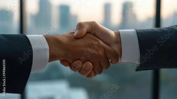Fototapeta A close-up of two businesspeople shaking hands, symbolizing agreement, collaboration, and partnership in a corporate setting.
