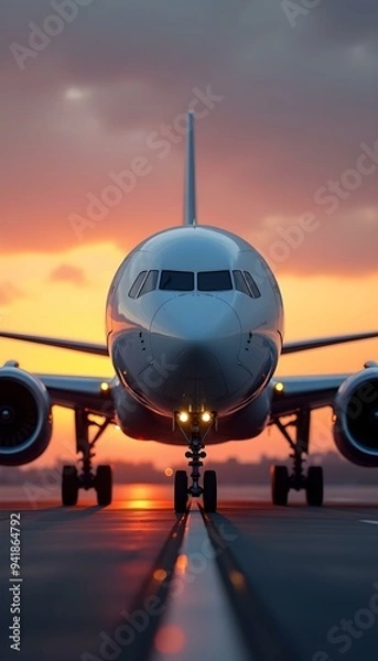 Obraz A modern passenger airplane on the runway, ready for takeoff, with a sleek design and bright colors against a clear blue sky, showcasing advancements in aviation technology