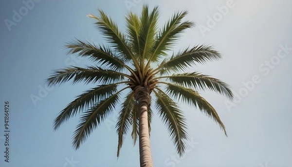 Fototapeta A tall palm tree swaying gently in the breeze, showcasing its fan-shaped leaves and textured trunk against a clear blue sky, evoking a tropical paradise.