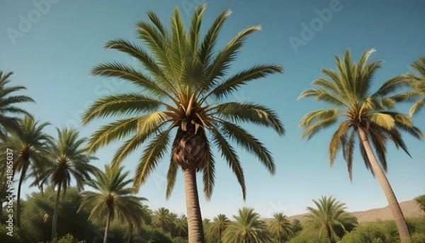 Fototapeta A tall palm tree swaying gently in the breeze, showcasing its fan-shaped leaves and textured trunk against a clear blue sky, evoking a tropical paradise.