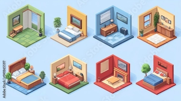 Obraz Diverse Isometric Room Interiors with Varied Styles and Themes