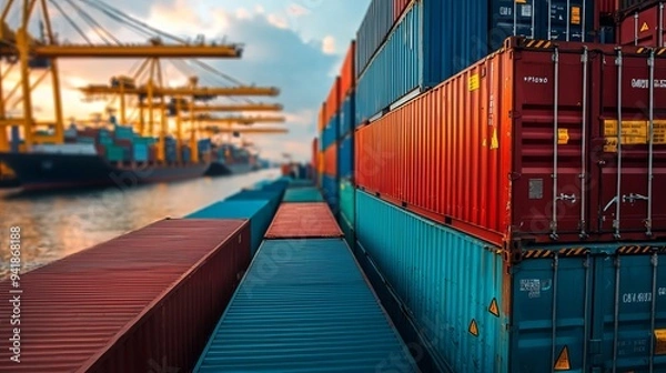 Fototapeta Vibrant view of shipping containers stacked at a port during sunset, showcasing maritime trade and logistics in action.