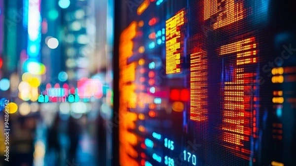 Fototapeta A vibrant digital display showcasing financial data, blending technology with urban nightlife. Ideal for finance and tech themes.