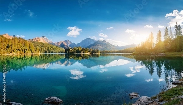 Fototapeta Lake and mountains. Clear Lake with Reflection of Blue Sky.