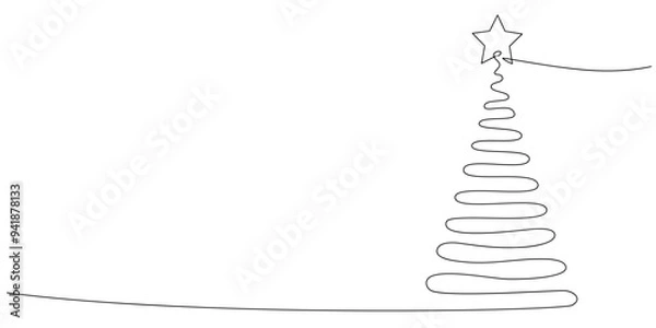 Fototapeta Christmas tree in one line art style. Vector illustration of New year tree minimalistic design. Continuous one line drawing.