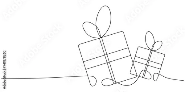 Fototapeta Continuous one line vector illustration of Christmas Present box. Wrapped surprise package