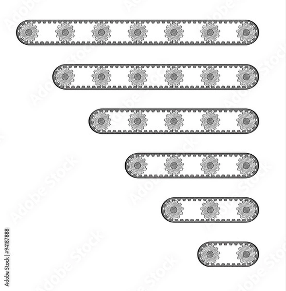 Fototapeta six conveyor belts with many cogwheels