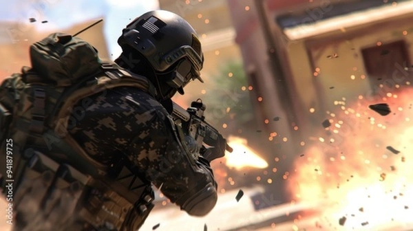 Fototapeta A soldier in advanced tactical gear charges through an explosion-filled battlefield, encapsulating the intensity and danger of modern warfare.