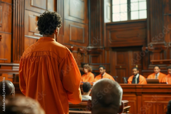 Fototapeta A man in an orange shirt stands in front of a group of people in a courtroom