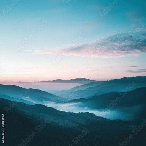 Obraz Dawn breaks over misty valleys and mountains in tranquil blue hues