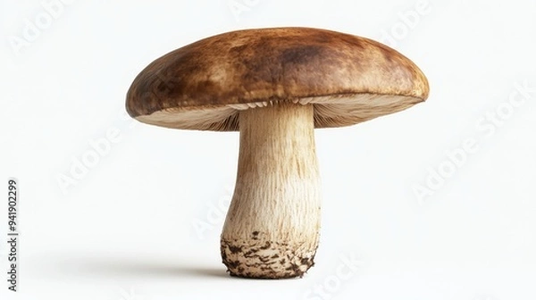 Obraz A high-resolution image of a single mushroom, such as a shiitake or portobello, showcasing its texture and details against a white backdrop.