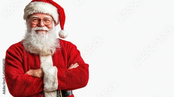 Fototapeta A cheerful figure dressed as Santa Claus with a white beard and red outfit.