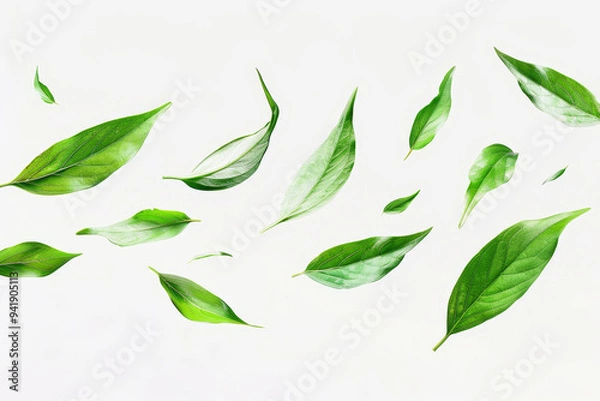 Fototapeta A series of green leaves are floating in the air