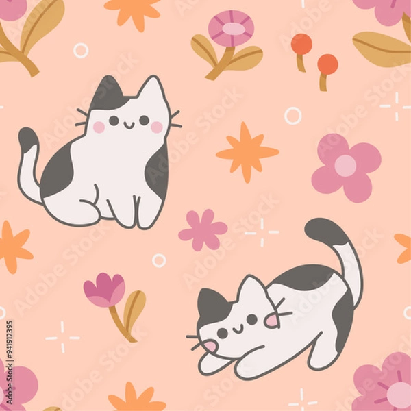 Obraz Vector seamless pattern with cute cats and botanical elements. Hand drawn illustration with cartoon style for print, fabric, textile.