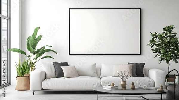 Fototapeta Frame mockup, ISO A paper size Living room wall poster mockup Interior mockup with house background Modern interior design.,