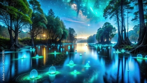 Fototapeta Surreal Bioluminescent Lake: Enigmatic, otherworldly, glowing creatures, phosphorescent waters, ethereal aura