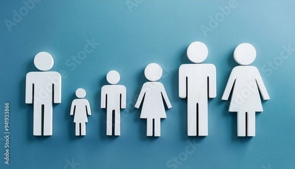 Fototapeta Cutout persons representing a large family composed of father, mother and children, brothers and sisters, isolated on blue background with copy space.