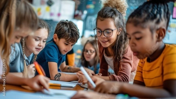 Obraz School kids work together on a class project