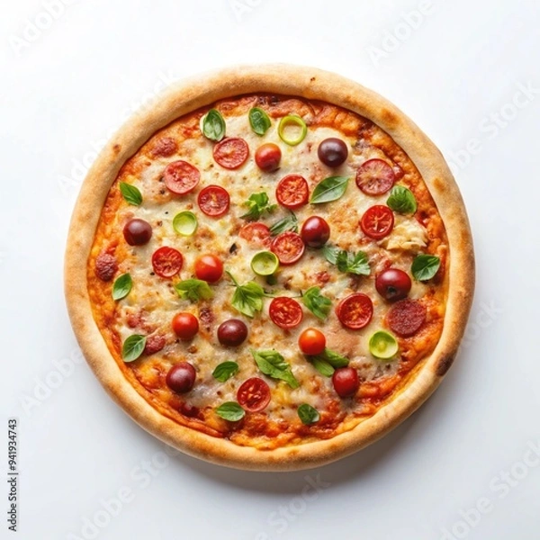 Obraz Tasty pizza with fresh ingredients on a white background