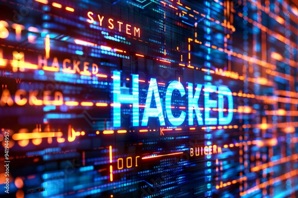 Obraz System Hacked message on a digital interface with glowing binary code indicating a cyberattack