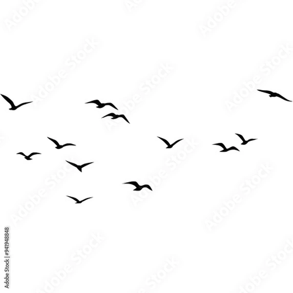 Obraz A flock of flying birds, Pigeons Flying Silhouettes, swallow Flying Silhouettes, group of birds in the sky, Silhouettes of wild birds in flight
