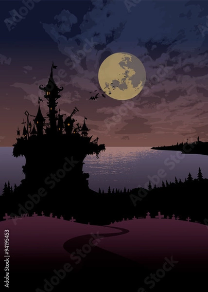 Obraz Halloween night scene landscape.Spooky castle on the lake shore under the full moon. Halloween card vector illustration