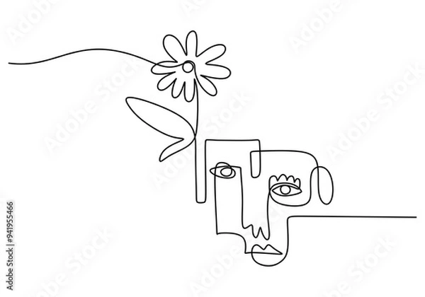 Fototapeta Abstract face with flowers in hair, line art design. Minimalist single line face with floral elements.