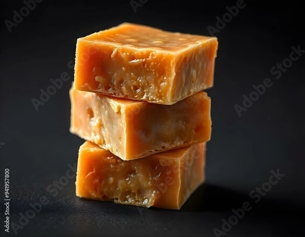Fototapeta a stack of three caramel squares isolated on a black background create with ai