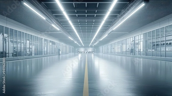 Fototapeta A modern, spacious industrial interior featuring sleek lines and bright lighting, perfect for showcasing innovation and design