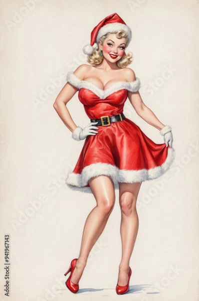 Obraz Christmas card with cute pin up dressed in Santa Claus costume