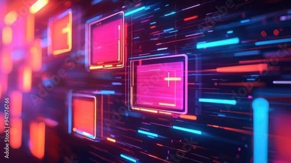 Obraz Vibrant abstract digital background with glowing rectangles and lines, creating a futuristic technology space