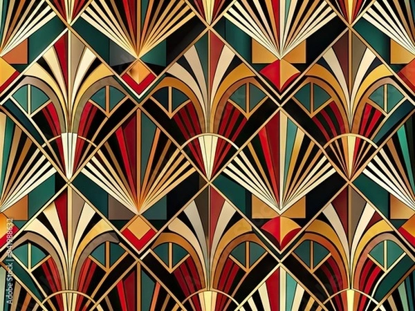 Fototapeta Vintage Art Deco Nostalgia: Streamlined shapes, bold colors, geometric patterns, art deco, retro